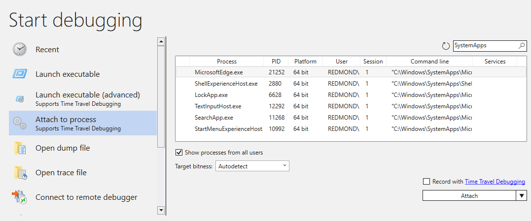 Screenshot of Attach to a Process dialog box with process list and options.