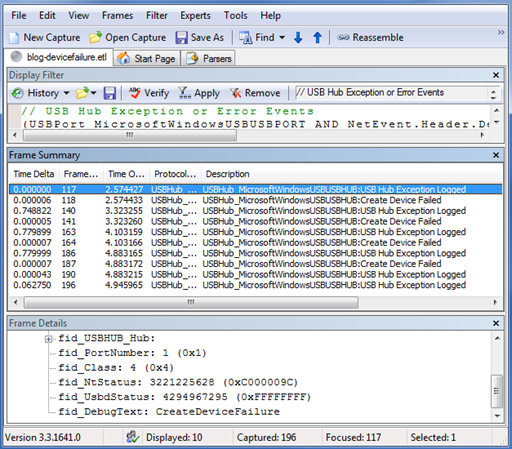 Screenshot that shows a set of events in the "Frame Summary" pane after the USB error filter was applied.