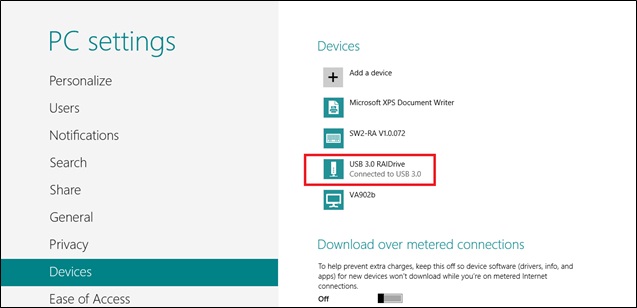 Screenshot that shows "PC settings" with "Devices" selected and "U S B 3.0 RAIDrive" highlighted.