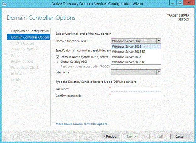 Screenshot that shows the Domain Controller Options page.