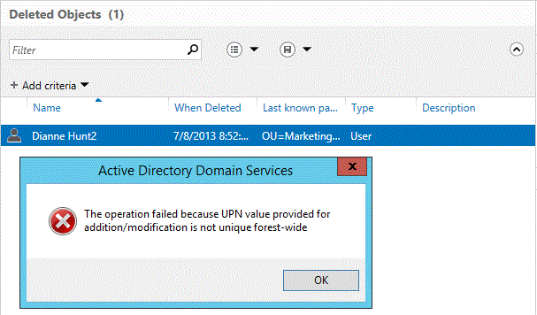 Screenshot that shows that the operation failed because the UPN value provided for addition/modification is not unique forest-wide.