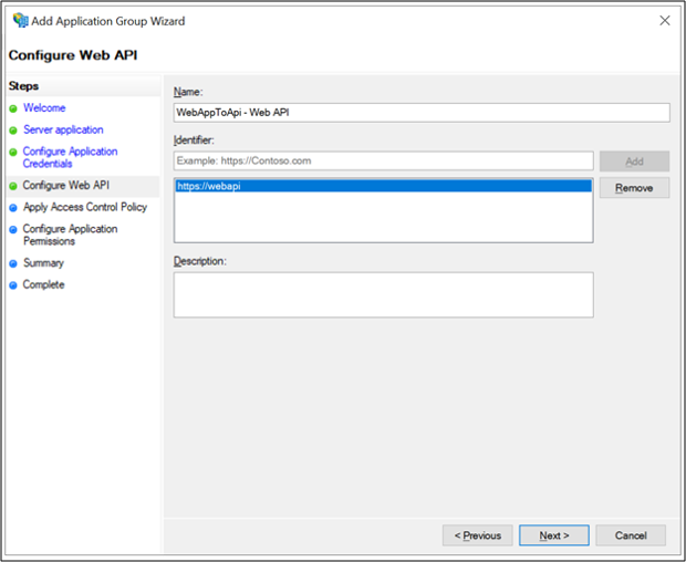 Screenshot of the Configure Web API page of the Add Application Group Wizard showing the correct identifier.