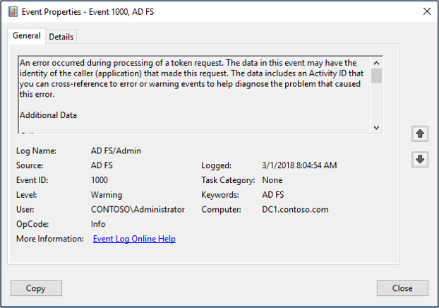 Screenshot that shows the Event Properties dialog box with the results of a 1000 event I D.