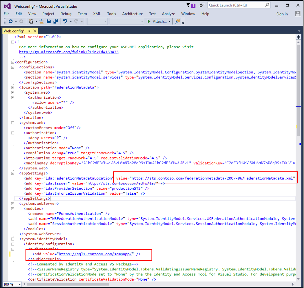 Screenshot that shows the web config file in Visual Studio.