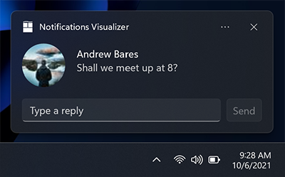 A screenshot of a toast notification with a profile picture and some lines of text. A text box for typing directly into the toast is included as well as a button to send the reply.