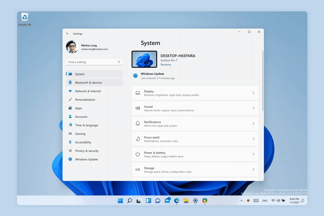 An animated image that shows navigation between several pages in the Windows Settings app. Top-level pages slide up from the bottom. When navigating between top-level and sub-pages, pages slide left and right.