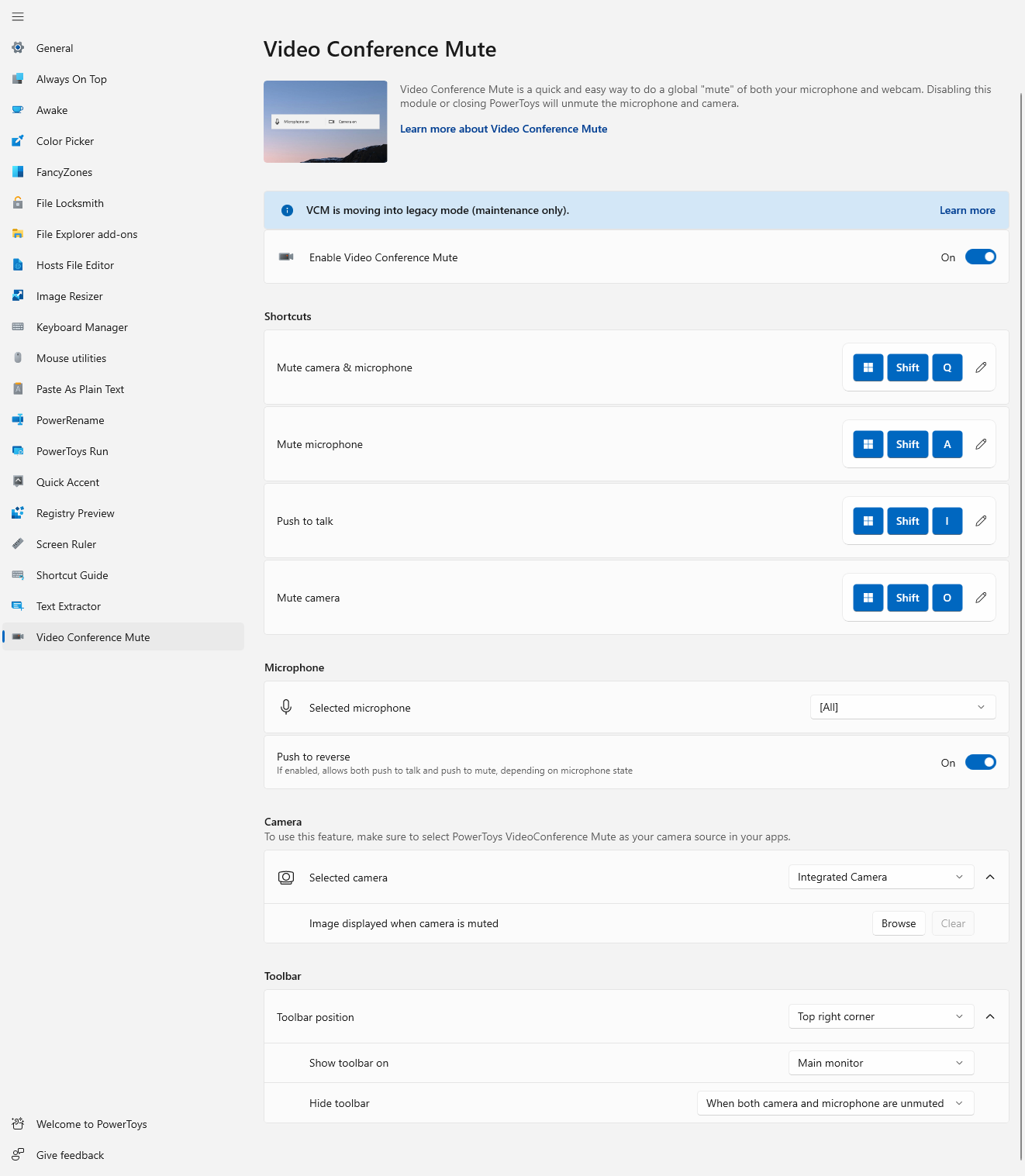 Video Conference Mute options in PowerToys settings