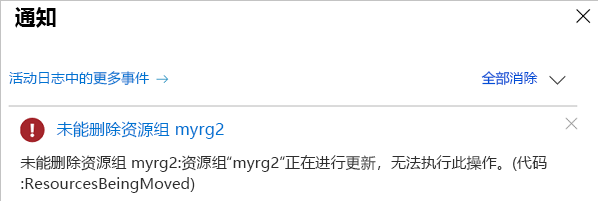 Azure 门户的屏幕截图，其中显示了尝试删除正在进行的移动操作中涉及的资源组时出现的错误消息。