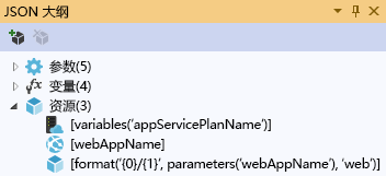 Visual Studio 中资源管理器模板的 JSON 大纲窗口的屏幕截图。