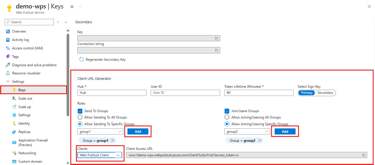 Azure Web PubSub 客户端 URL 生成器的屏幕截图。