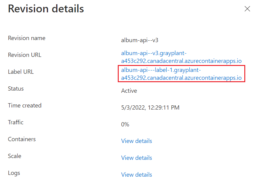 Screenshot of Container Apps revision details.