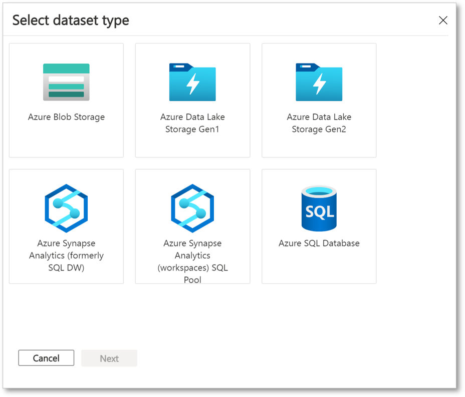 Screenshot showing the available dataset types.