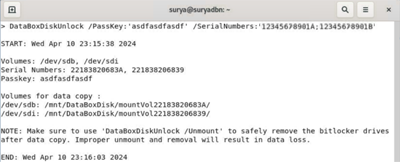显示已成功解锁 Data Box Disk 的输出的屏幕截图。