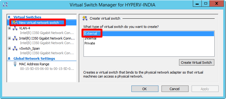 创建虚拟交换机之前选择新的虚拟网络和外部的屏幕截图。