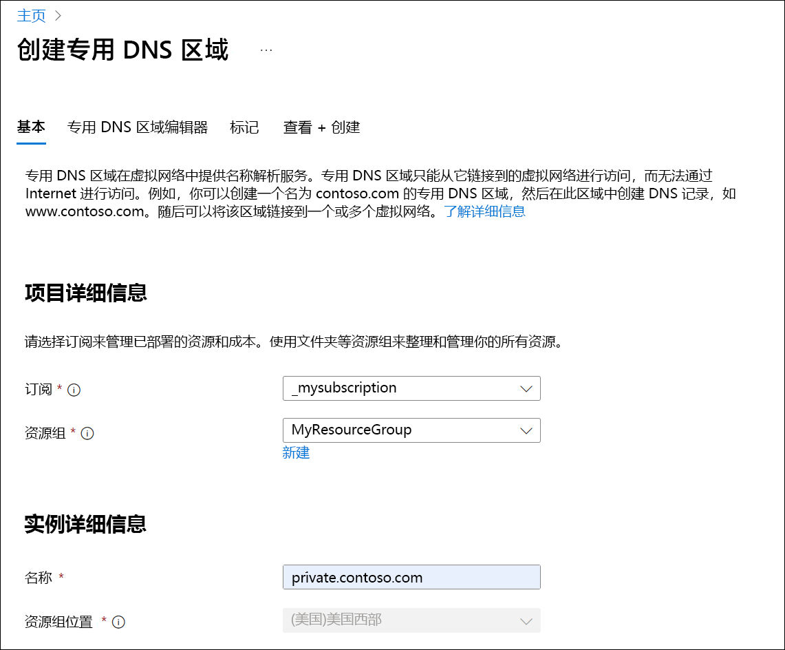 屏幕截图为创建专用 DNS 区域。