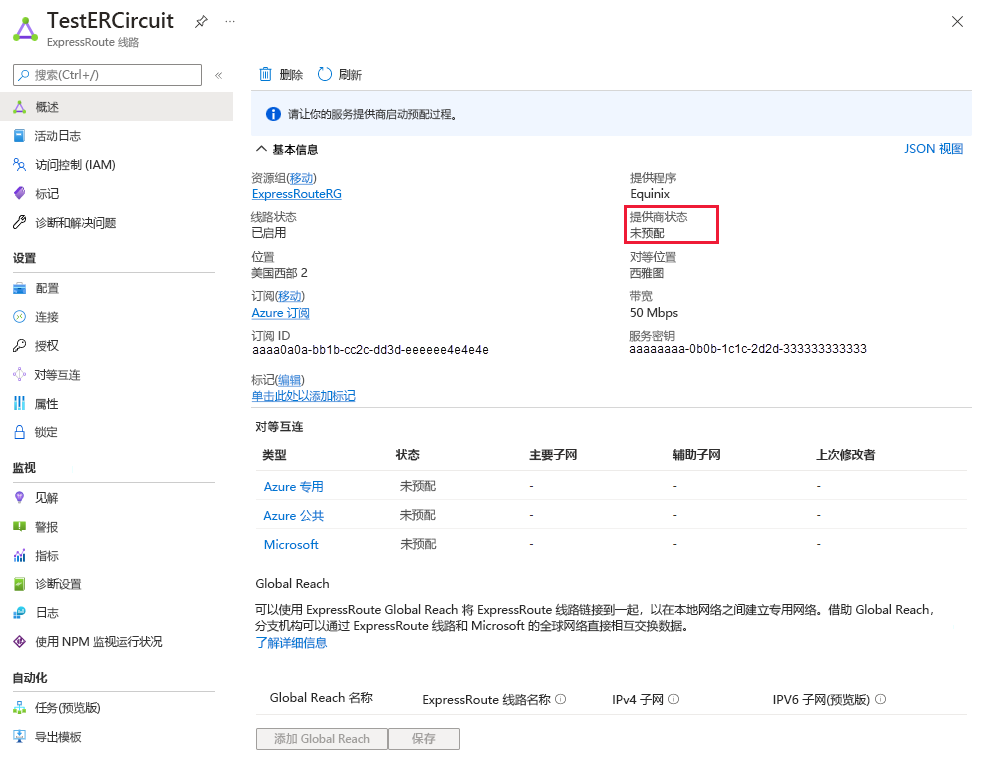 显示 ExpressRoute 演示线路的“概述”页面的屏幕截图，其中用红色框突出显示了设置为“未预配”的提供商状态。