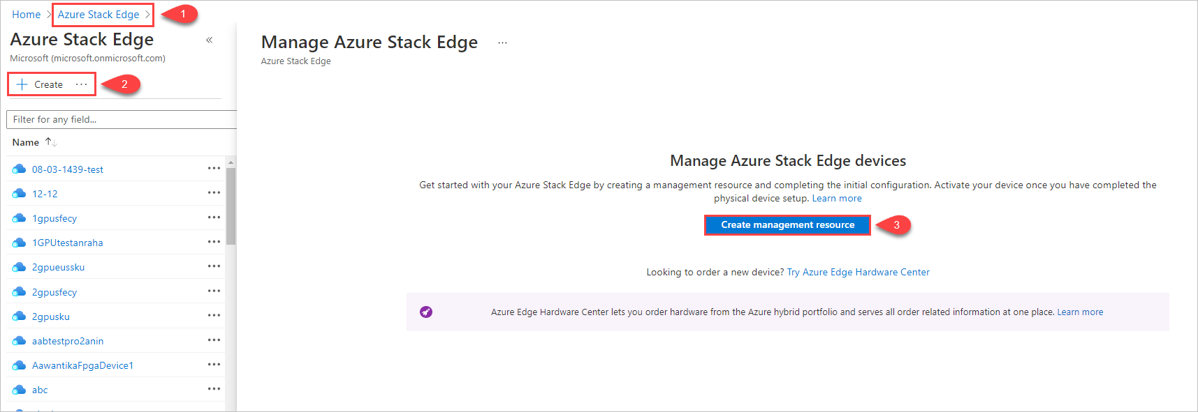 插图显示开始在 Azure Stack Edge 中创建管理资源的 3 个步骤。