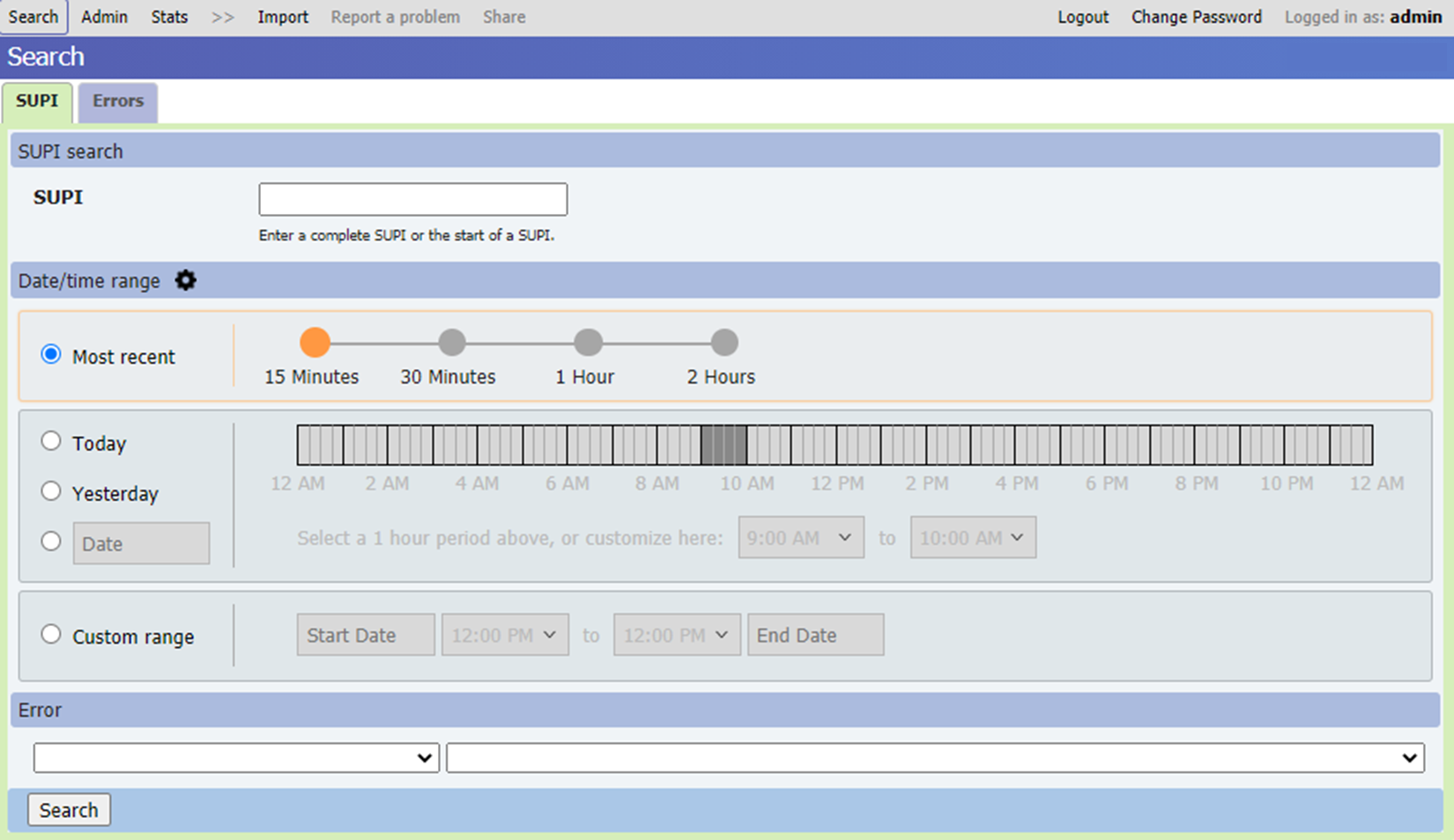 分布式跟踪 Web GUI 中搜索显示的屏幕截图，显示了 SUPI 和“错误”选项卡。