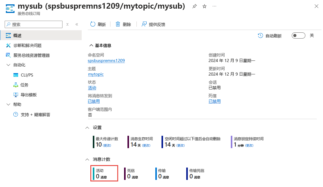 显示“服务总线订阅”页面的屏幕截图，其中选择了活动邮件计数。