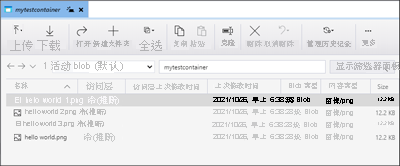 显示如何在 Microsoft Azure 存储资源管理器中查看容器中的 blob 的屏幕截图