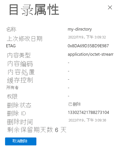 显示 Azure 门户中软删除的 Blob 的属性（已启用分层命名空间的帐户）的屏幕截图。