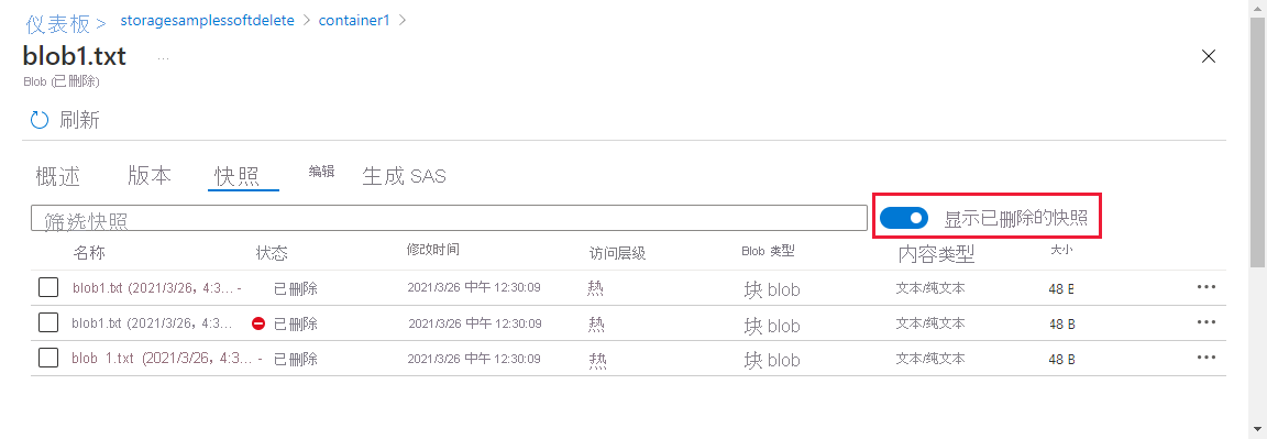 屏幕截图显示如何在 Azure 门户中显示已删除的快照。