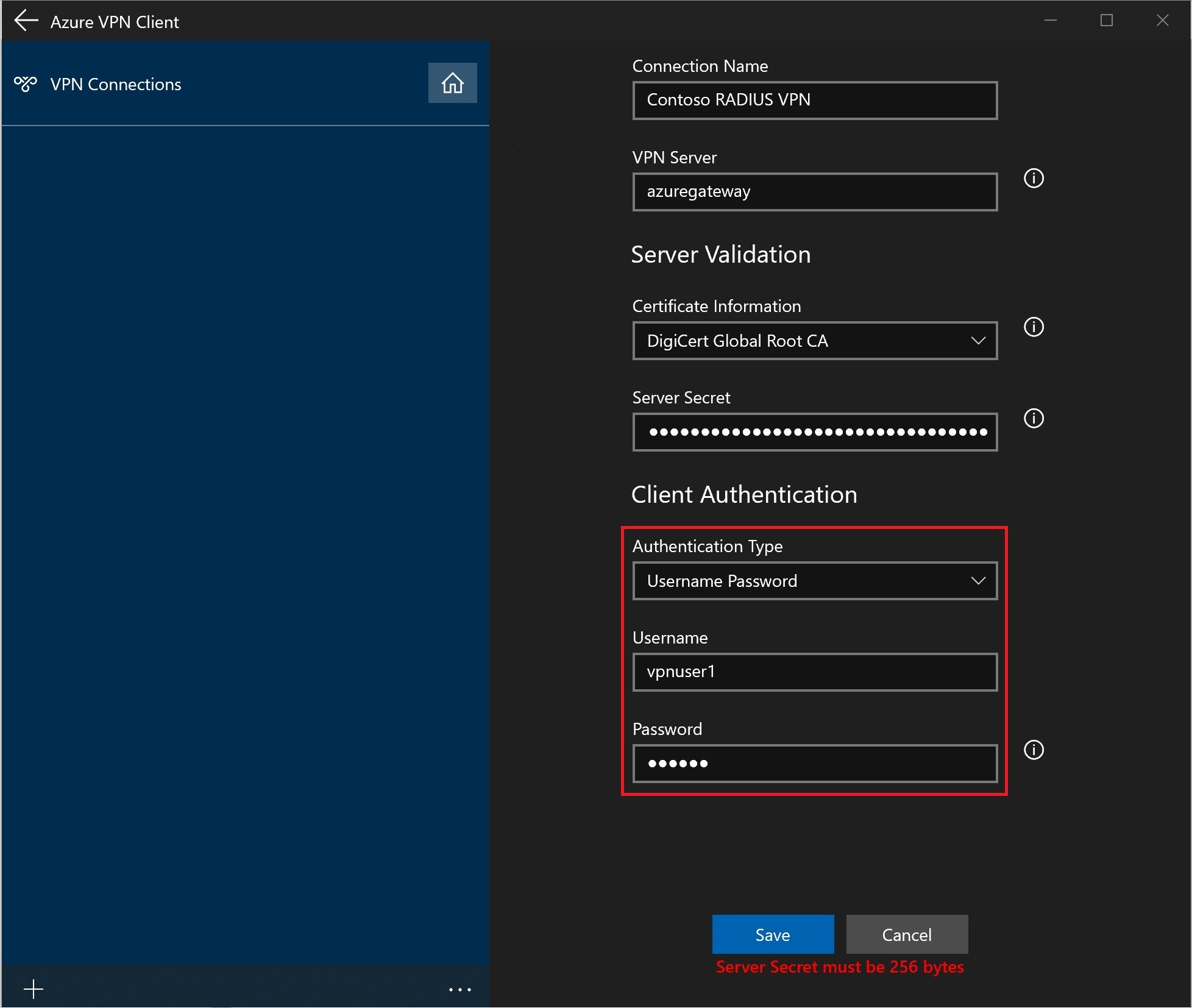 Screenshot shows RADIUS connection client information.