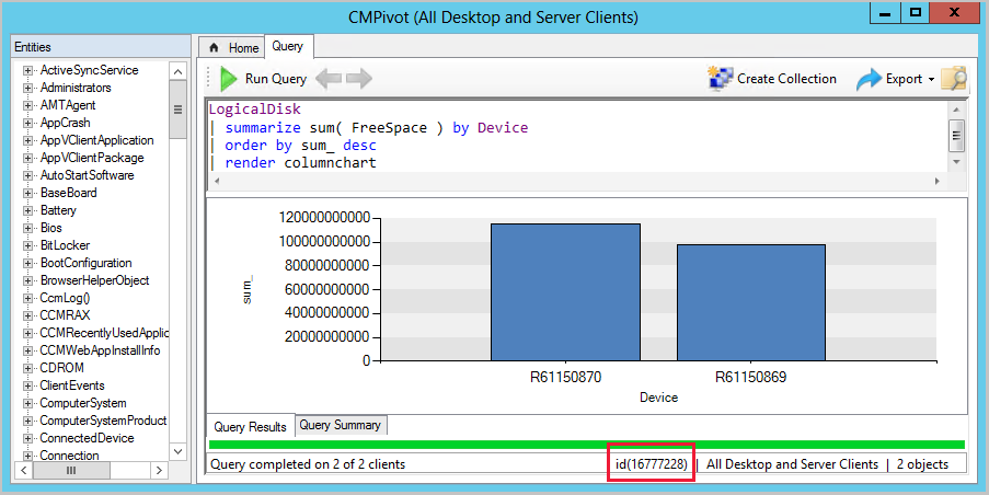 CMPivot 窗口，其中突出显示了 ClientOperationID，版本 1902