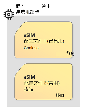 eUICC 和 eSIM 技术图像，其中显示了具有多个 eSIM 配置文件的示例线路卡