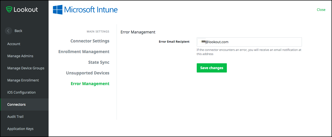 Intune 连接器错误管理页面的屏幕截图