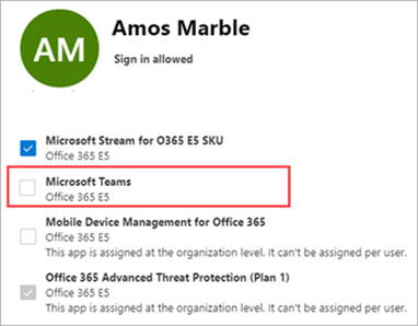 已为用户禁用 Teams 许可证的屏幕截图 1。