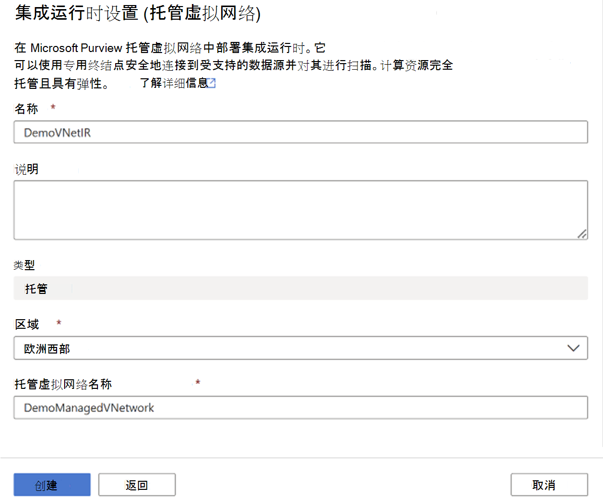 显示创建托管 VNet Integration Runtime的屏幕截图，其中包含详细信息