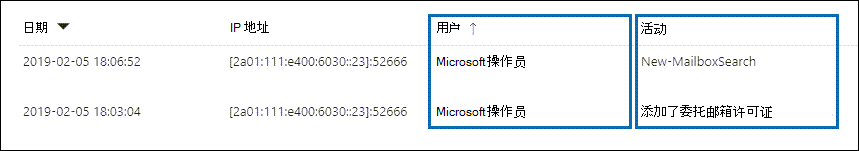 筛选“Microsoft操作员”以显示审核记录