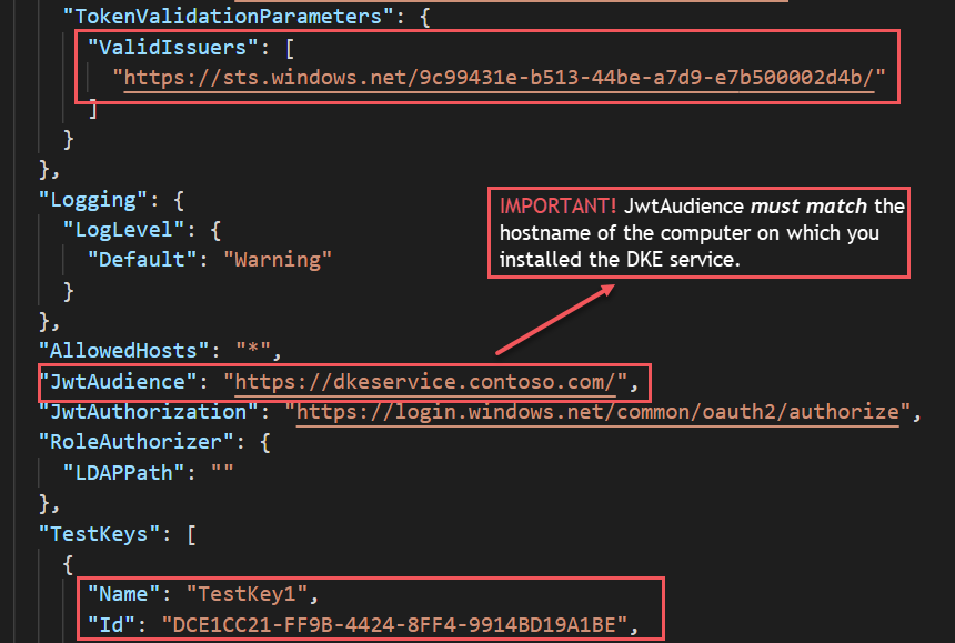 在 appsettings.json 文件中显示 DKE 的正确租户和密钥设置。