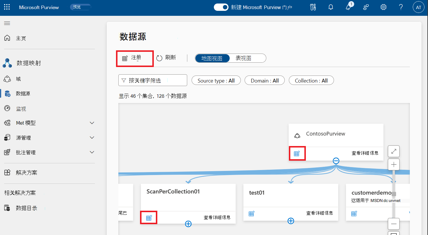 Microsoft Purview 数据映射的屏幕截图，其中地图上方和两个集合卡上突出显示了注册按钮。