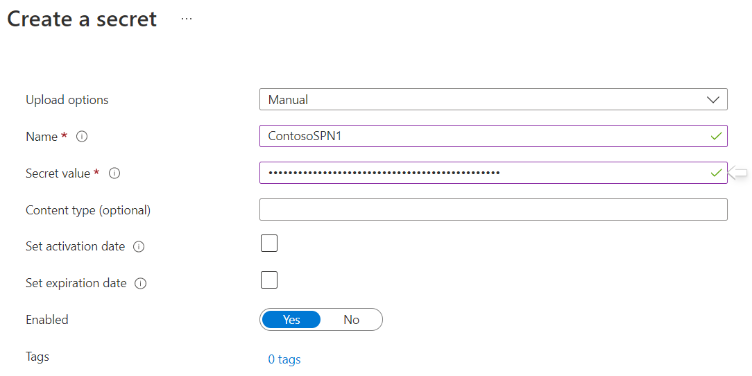 如何为 SPN 生成 Azure 密钥保管库机密的屏幕截图。