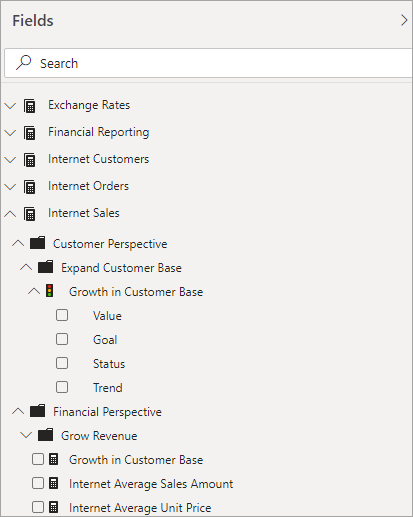 Power BI 字段列表中的度量值和 KPI