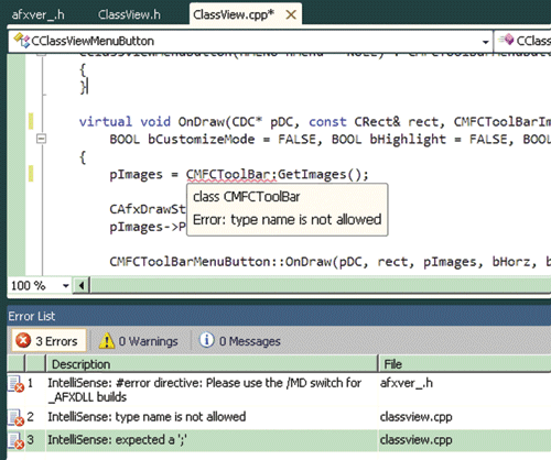 图 2 显示 IntelliSense 错误的实时错误报告