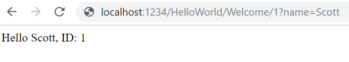 显示浏览器窗口的屏幕截图，其中包含 U R L 本地主机冒号 1 2 3 4 正斜杠Hello World正斜杠欢迎正斜杠 1 问号名称等于 scott。窗口中的文本为 Hello Scott ID 1。