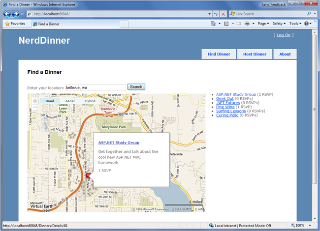 基于 Nerd Dinner A J A X 的地图页的屏幕截图。