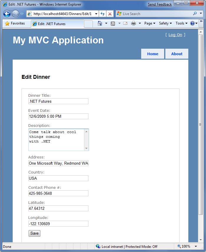 “我的 M V C 应用程序”页的屏幕截图。