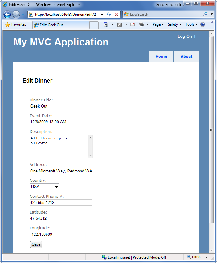 显示“我的 M V C 应用程序”分页的屏幕截图。将显示“编辑”窗体。