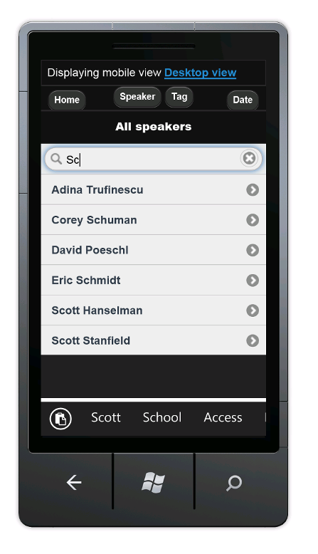 显示“所有演讲者”页面的移动视图的屏幕截图。在搜索中输入 S c。