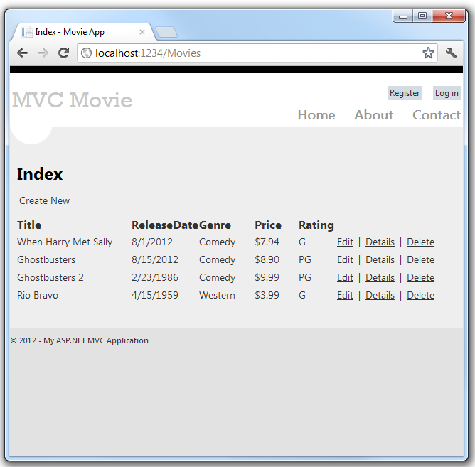 显示“M V C 电影索引”页的屏幕截图，其中列出了四部电影。