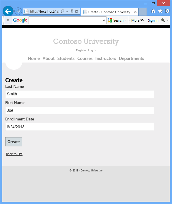 显示 Contoso University Web 应用程序的示例学生搜索页和“创建新学生”页面的屏幕截图。
