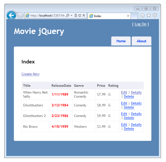 “电影 jQuery”窗口的屏幕截图，其中显示了“索引”视图，其中包含输入到数据库中的电影列表。