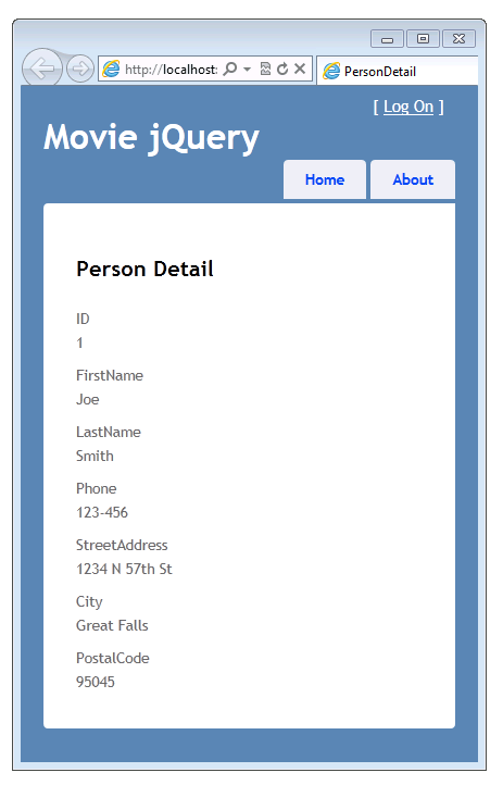 “电影 jQuery”窗口的屏幕截图，其中显示了“PersonDetail”视图，其中包含新的“街道地址”、“城市”和“邮政编码”字段。