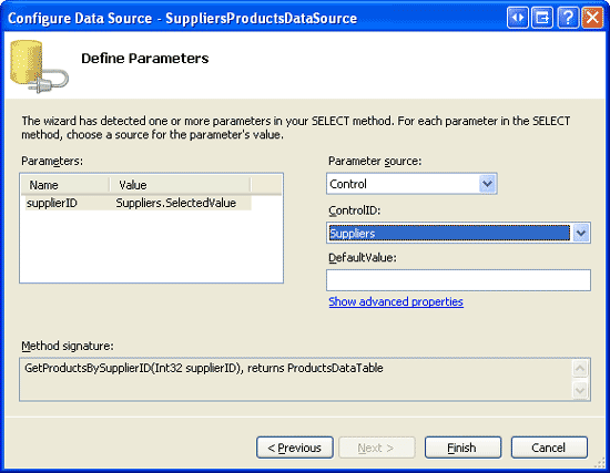 指示 supplierID 参数应来自供应商 FormView 控件