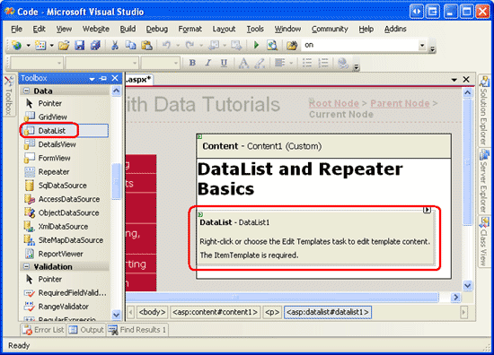 将工具箱中的 DataList 拖到设计器上