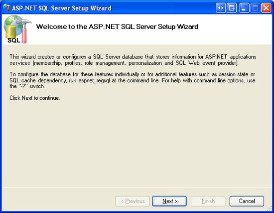 使用 ASP.NET SQL Server 设置向导可添加成员身份架构